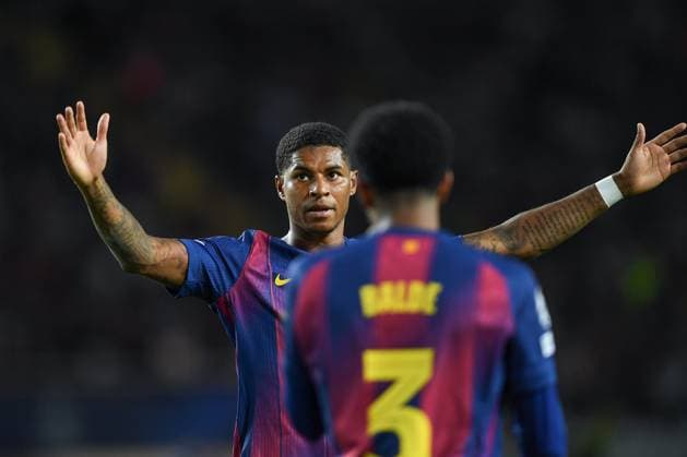 FC Barcelona, Barca v OLIMPIACOS FC OLIMPIC STADIUM LLUIS COMPANYS. MONTJUIC,BARCELONA. October 21,2025 FC BARCELONA vs OLIMPIACOS FC October 21,2025 Marcus Rashford (14) of FC Barcelona celebrates scoring his team s fourth goal during the soccer match corresponding to the third match of the group stage of the UEFA Champions League between FC Barcelona and Olimpiacos FC at Olimpic Stadium Lluis Companys of MontjuÃ¯c in Barcelona, Spain. Barcelona ESP Copyright: xS.xRosx