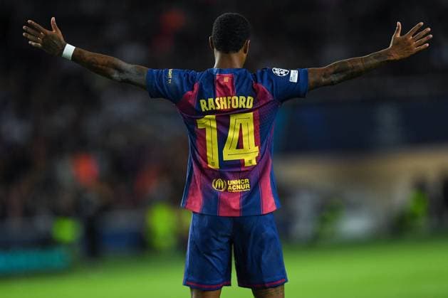 FC Barcelona, Barca v OLIMPIACOS FC OLIMPIC STADIUM LLUIS COMPANYS. MONTJUIC,BARCELONA. October 21,2025 FC BARCELONA vs OLIMPIACOS FC October 21,2025 Marcus Rashford (14) of FC Barcelona celebrates scoring his team s sixth goal during the soccer match corresponding to the third match of the group stage of the UEFA Champions League between FC Barcelona and Olimpiacos FC at Olimpic Stadium Lluis Companys of MontjuÃ¯c in Barcelona, Spain. Barcelona ESP Copyright: xS.xRosx