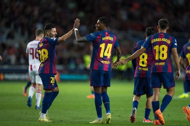 Spain-Football-Champions League FC Barcelona, Barca v Olympiacos in Barcelona, Spain. Barcelona, Spain, 21, October, 2025. FC Barcelona player (14) Marcus Rashford celebrates his score with (28) Roony Bardghji during Champions League match between FC Barcelona and Olympiacos in Olympic Stadium Lluis Companys, Barcelona, Spain, on October 21, 2025. Barcelona Olympic Stadium Lluis Companys Barcelona Spain
