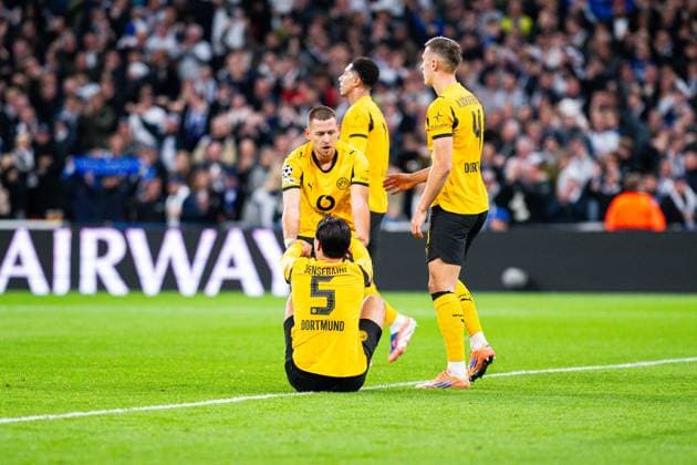 21 10 2025 Football, 2025 2026, Champions League, Matchday 3, FC Copenhagen Borussia Dortmund L R Waldemar Anton Dortmund , Ramy Bensebaini Dortmund , Nico Schlotterbeck Dortmund after the goal for 1 1