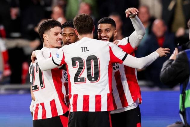 2025-10-21 PSV v SSC Napoli - UEFA Champions League 2025 26 League Phase MD3 EINDHOVEN, NETHERLANDS - OCTOBER 21: Ismael Saibari of PSV celebrates after scoring his teams second goal, Guus Til of PSV, Dennis Man of PSV during the UEFA Champions League 2025 26 League Phase MD3 match between PSV and SSC Napoli at Philips Stadion on October 21, 2025 in Eindhoven, Netherlands. Eindhoven Philips Stadion Netherlands Content not available for redistribution in The Netherlands directly or indirectly through any third parties. Copyright: xBenxGalx