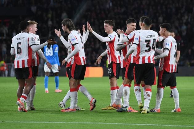 Soccer UEFA Champions League matchday 3 PSV Eindhoven SSC Napoli on 21 10 2025 at Philips Stadion in Eindhoven Goal celebration to 1 1 by an own goal by Alessandro Buongiorno Napoli xRx