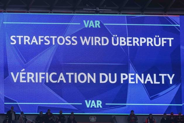 Soccer Champions League Matchday 3 Bayer 04 Leverkusen Paris St Germain on 21 10 2025 at BayArena in Leverkusen VAR Videoassist Video evidence Symbol photo The scoreboard with the inscription Penalty kick is checked xJRx