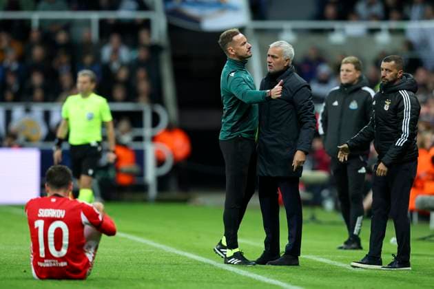 Newcastle United FC v SL Benfica - UEFA Champions League 2025 26 League Phase MD3 Jose Mourinho Head Coach of SL Benfica is held back on the side line by 4th Official Pawel Raczkowski during the UEFA Champions League 2025 26 League Phase MD3 match between Newcastle United FC and SL Benfica at St James Park on October 21, 2025 in Newcastle upon Tyne, England. Newcastle upon Tyne St. James Park England United Kingdom Copyright: xEdxSykes Sportsphoto APLx 14139324