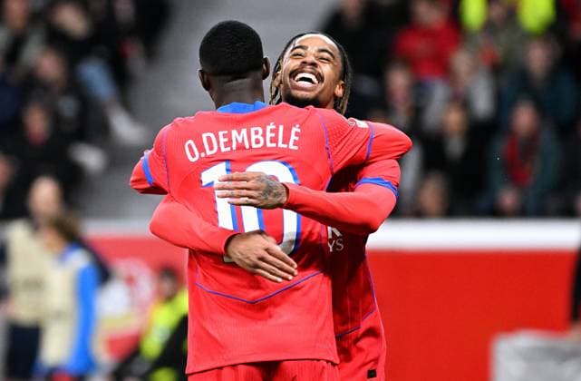 Soccer, Champions League, Germany, Men, Season 2025 2026, Matchday 3, BayArena Leverkusen Bayer Leverkusen FC Paris Saint Germain Cheers Ousmane Dembele PSG after his goal for 2 6, together with Bradley Barcola PSG Cheers, joy, action