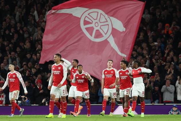 London, England, 21st October 2025. Viktor Gyokeres (3rd R) of Arsenal celebrates after scoring to make it 4-0 during the Arsenal vs Atletico Madrid UEFA Champions League match at the Emirates Stadium, London. Picture credit should read: Kieran Cleeves Sportimage EDITORIAL USE ONLY. No use with unauthorised audio, video, data, fixture lists, club league logos or live services. Online in-match use limited to 120 images, no video emulation. No use in betting, games or single club league player publications. SPI_056_KC_Arsenal_v_Atletico_Madrid SPI-4228-0057