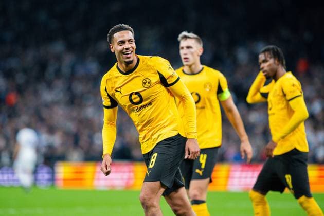 21 10 2025 Football, 2025 2026, Champions League, Matchday 3, FC Copenhagen Borussia Dortmund Felix Nmecha Dortmund celebrates after his goal to make it 1 3