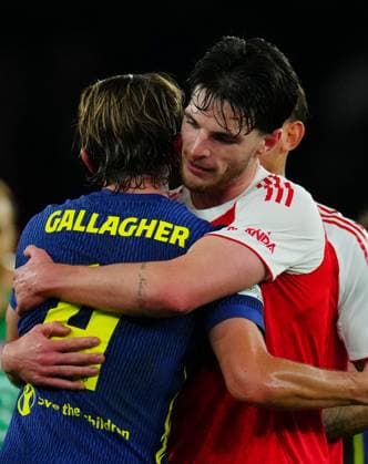 Declan Rice of Arsenal and Conor Gallagher of Atletico Madrid hug at full time Arsenal v Atletico Madrid, UEFA Champions League, Group Stage, Football, Emirates Stadium, London, UK - 21 Oct 2025London Emirates Stadium United Kingdom EDITORIAL USE ONLY No use with unauthorised audio, video, data, fixture lists, club league logos or live services. Online in-match use limited to 120 images, no video emulation. No use in betting, games or single club league player publications. Copyright: xJavierxGarcia Shutterstockx 15552302ax