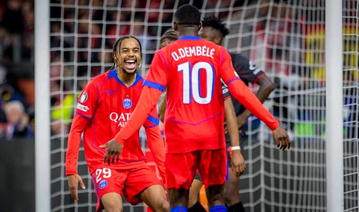 Leverkusen, Germany 21st Oct 2025 Goal celebration Bradley Barcola Paris Ousmane Dembele Paris Bayer Leverkusen Paris St Germain 18 10 2025