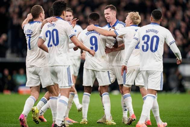 Champions League FC Copenhagen Borussia Dortmund FCK players at the 1 1 goal during the Champions League match between FC Copenhagen and Borussia Dortmund at Parken in Copenhagen on Tuesday, October 21, 2025 Photo Liselotte Sabroe Ritzau Scanpix , Copenhagen Denmark  Copyright: Ritzau Scanpix LiselottexSabroex spdk20251021-220324-L