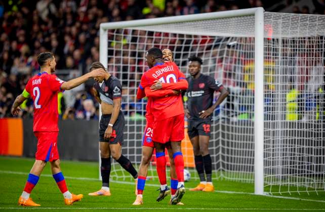Leverkusen, Germany 21st Oct 2025 Goal celebration Bradley Barcola Paris Ousmane Dembele Paris Bayer Leverkusen Paris St Germain 18 10 2025