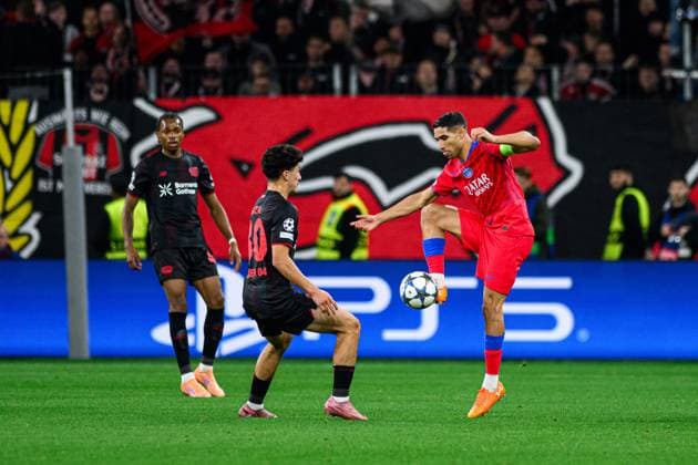 LEVERKUSEN, GERMANY - 21 OCTOBER, 2025: Achraf Hakimi, Ibrahim Maza - UEFA Champions League, match Bayer Leverkusen vs Paris Saint Germain at BayArena.  Copyright: xx