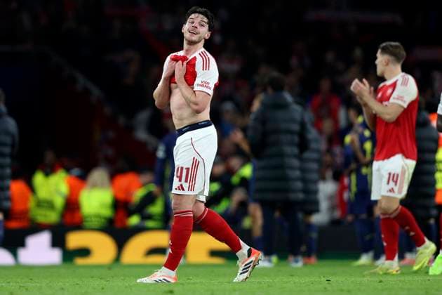 Arsenal FC v Atletico de Madrid - UEFA Champions League 2025 26 League Phase MD3 Declan Rice of Arsenal celebrates after winning the UEFA Champions League 2025 26 League Phase MD3 match between Arsenal FC and Atletico de Madrid at Arsenal Stadium on October 21, 2025 in London, England. London Arsenal Stadium England United Kingdom Copyright: xNealxSimpson Sportsphoto APLx 14139346
