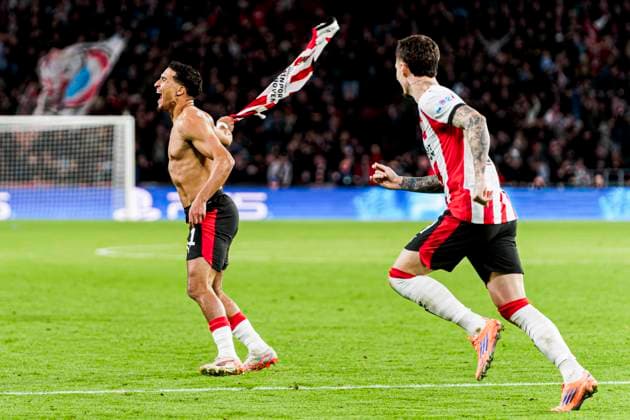 Couhaib Driouech of PSV Eindhoven celebrates after scoring his teams sixth goal PSV Eindhoven v SSC Napoli, UEFA Champions League 2025 26 League Phase MD3, PSV Eindhoven v SSC Napoli, PSV Stadion, October 21, 2025, Eindhoven, Netherlands.