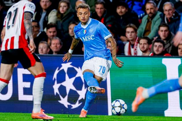 Noa Lang of SSC Napoli passes the ball PSV Eindhoven v SSC Napoli, UEFA Champions League 2025 26 League Phase MD3, PSV Eindhoven v SSC Napoli, PSV Stadion, October 21, 2025, Eindhoven, Netherlands.