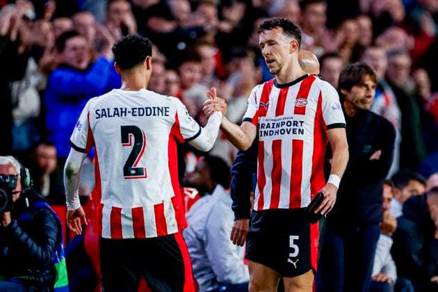 Ivan PeriÅ¡iÄ‡ of PSV Eindhoven shake hands with Anass Salah-Eddine of PSV Eindhoven PSV Eindhoven v SSC Napoli, UEFA Champions League 2025 26 League Phase MD3, PSV Eindhoven v SSC Napoli, PSV Stadion, October 21, 2025, Eindhoven, Netherlands.