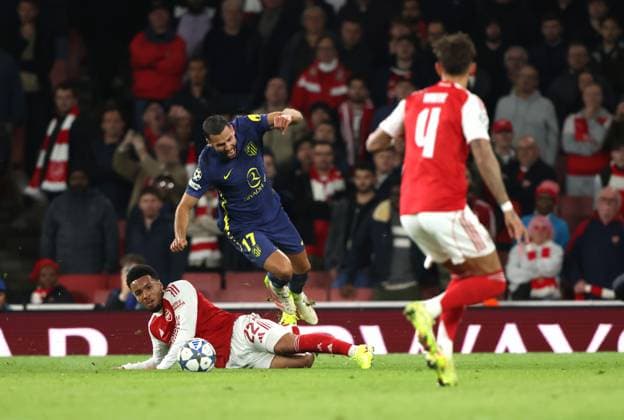 Ethan Nwaneri (A) David Hancko (AM) at the Arsenal v Atletico Madrid UEFA Champions League match, at the Emirates Stadium, London, UK on 21st October, 2025. 