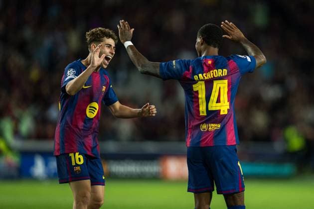 (251022) -- BARCELONA, Oct. 22, 2025 -- Marcus Rashford (R) and Fermin Lopez of FC Barcelona, Barca celebrate a goal during the Champions League football match between FC Barcelona and Olympiacos in Barcelona, Spain, Oct. 21, 2025. (Photo by Xinhua) (SP)SPAIN-BARCELONA-FOOTBALL-CHAMPIONS LEAGUE-FC BARCELONA-OLYMPIACOS Joanxgosa 