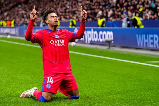 LEVERKUSEN, GERMANY - OCTOBER 21: Desire Doue of Paris Saint-Germain celebrates after scoring his team s second goal during the UEFA Champions League 2025 26 League Phase MD3 match between Bayer 04 Leverkusen and Paris Saint-Germain at BayArena on October 21, 2025 in Leverkusen, Germany. (Photo by Rene Nijhuis) SPO  Copyright: xRenexNijhuis