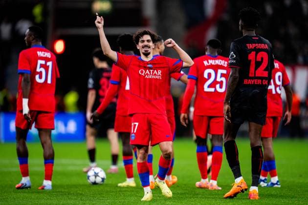 LEVERKUSEN, GERMANY - OCTOBER 21: Vitinha of Paris Saint-Germain celebrates after scoring his team s seventh goal during the UEFA Champions League 2025 26 League Phase MD3 match between Bayer 04 Leverkusen and Paris Saint-Germain at BayArena on October 21, 2025 in Leverkusen, Germany. (Photo by Rene Nijhuis) SPO  Copyright: xRenexNijhuis