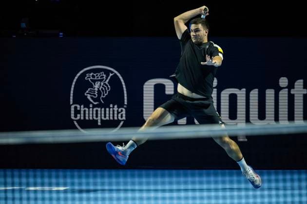 21st October 2025; St. Jakobshalle, Basel, Switzerland; 2025 ATP, Tennis Herren Swiss Indoor Tennis Day 3; Miomir Kecmanovic (SRB) in action during the match against Stan Wawrinka (SUI) in the first round  DavidxEmm