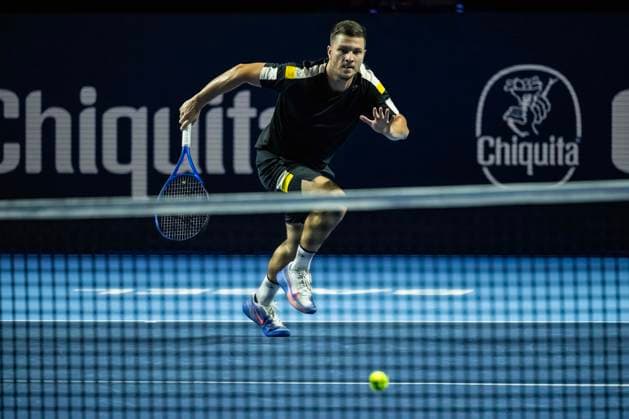 21st October 2025; St. Jakobshalle, Basel, Switzerland; 2025 ATP, Tennis Herren Swiss Indoor Tennis Day 3; Miomir Kecmanovic (SRB) in action during the match against Stan Wawrinka (SUI) in the first round  DavidxEmm