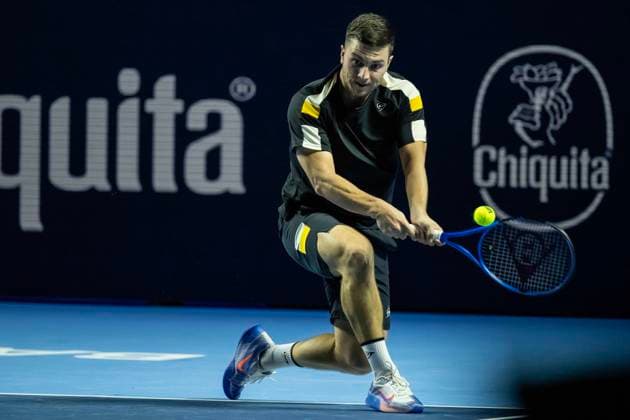 21st October 2025; St. Jakobshalle, Basel, Switzerland; 2025 ATP, Tennis Herren Swiss Indoor Tennis Day 3; Miomir Kecmanovic (SRB) in action during the match against Stan Wawrinka (SUI) in the first round  DavidxEmm