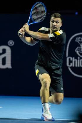 21st October 2025; St. Jakobshalle, Basel, Switzerland; 2025 ATP, Tennis Herren Swiss Indoor Tennis Day 3; Miomir Kecmanovic (SRB) in action during the match against Stan Wawrinka (SUI) in the first round  DavidxEmm