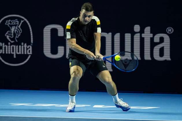 21st October 2025; St. Jakobshalle, Basel, Switzerland; 2025 ATP, Tennis Herren Swiss Indoor Tennis Day 3; Miomir Kecmanovic (SRB) in action during the match against Stan Wawrinka (SUI) in the first round  DavidxEmm