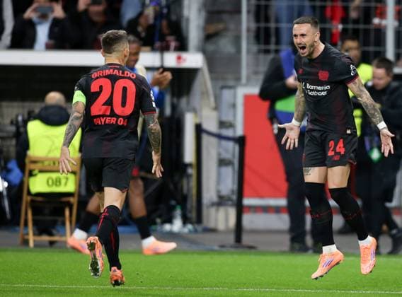 October 21, 2025, Leverkusen, Germany: Aleix Garcia of Bayer Leverkusen celebrates a goal during the UEFA Champions League football match between Bayer Leverkusen and Paris Saint-Germain at the BayArena stadium. Leverkusen Germany - ZUMAs197 20251021_aaa_s197_497 Copyright: xOsamaxFaisalx