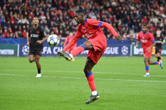 Ousmane Dembele Paris Saint Germain 21 10 2025, Football, UEFA Champions League 2025 2026, Matchday 3, Bayer 04 Leverkusen Paris St Germain 2 7 UEFA regulations prohibit any use of photographs as image sequences and or quasi video Leverkusen BayArena Nordrhein Westfalen Germany Team2