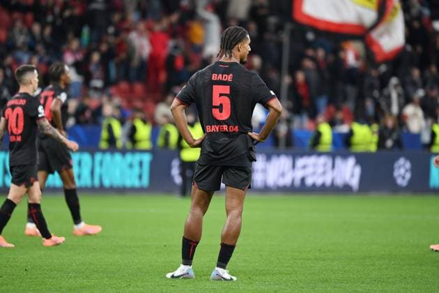 Loic Bade Bayer 04 Leverkusen , Loïc BadÃ after the match 21 10 2025, Football, UEFA Champions League 2025 2026, Matchday 3, Bayer 04 Leverkusen Paris St Germain 2 7 UEFA regulations prohibit any use of photographs as image sequences and or quasi video Leverkusen BayArena Nordrhein Westfalen Germany Team2