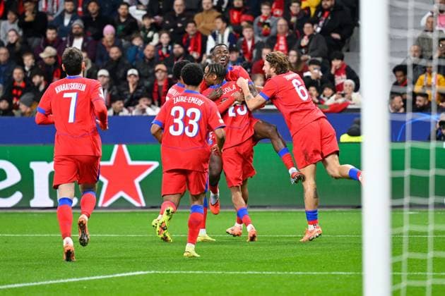 (251022) -- LEVERKUSEN, Oct. 22, 2025 -- Players of Paris Saint Germain celebrate scoring during the UEFA Champions League group stage 3rd round match between Bayer 04 Leverkusen and Paris Saint Germain in Leverkusen, Germany, Oct. 21, 2025. (Photo by Xinhua) (SP)GERMANY-LEVERKUSEN-FOOTBALL-UEFA CHAMPIONS LEAGUE-LEVERKUSEN VS PSG UlrichxHufnagel 