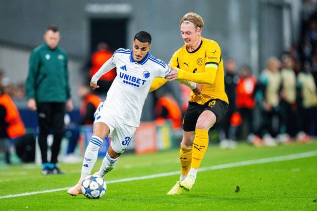 21 10 2025 Football, 2025 2026, Champions League, Matchday 3, FC Copenhagen Borussia Dortmund L R Elias Achouri Copenhagen , Julian Brandt Dortmund