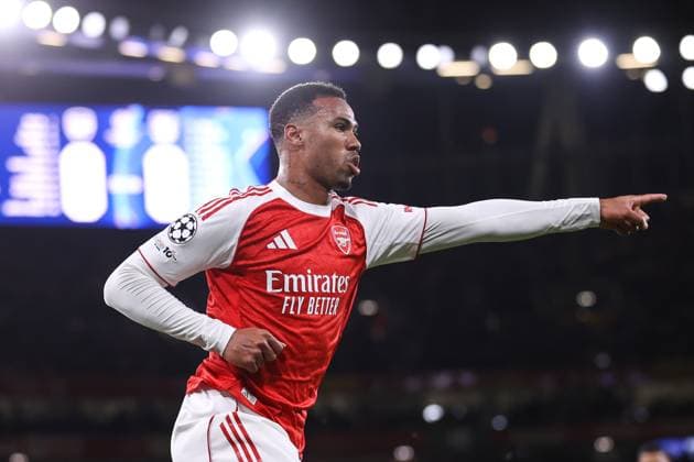Arsenal gegen Atletico Madrid 21. Oktober 2025, London UEFA-Champions-League-Phase Arsenal gegen Atletico Madrid Gabriel von Arsenal bejubelt sein erstes Tor Foto Jacques Feeney Abseits London UK  Copyright: xJacquesxFeeneyx xOffsidexOffside
