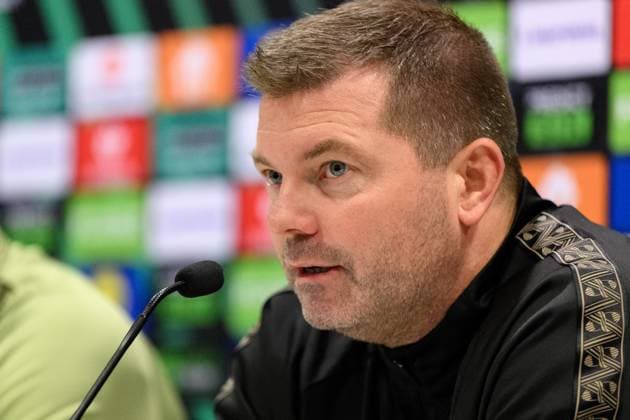 251022 Coach Jens Gustafsson during a press conference with Häcken on October 22, 2025 in Gothenburg Photo Carl Sandin BILDBYRAN kod CS CS0799 fotboll football soccer fotball uefa conference league conference league press conference presskonferens häcken bbeng  Copyright: CARLxSANDIN BB251022CS008