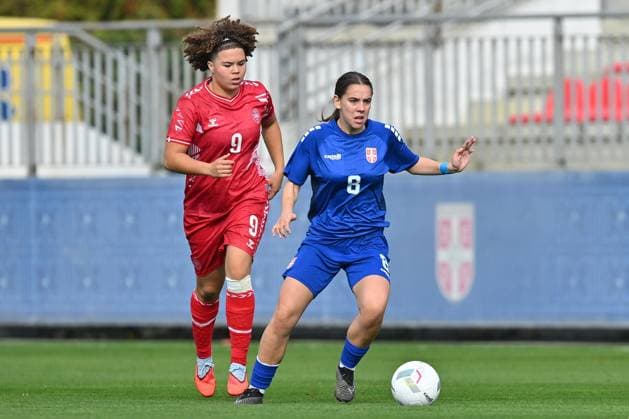 SERBIA U17, U 17 vs DENMARK U17 ANDREA DELJANIN vs THEA PETERSEN football U17 national team, Nationalteam Srbia vs Denmark Evropean championship qualification match at sports center FSS, Stara Pazova 22.10.2025 Foto: FOOTBALL, SERBIA U17, DENMARK U17, European Championship, EM, Europameisterschaft QUALIFICATION Stara Pazova Sports center Stara Pazova Serbia Copyright: xMarkoxMetlas xMNxPressx