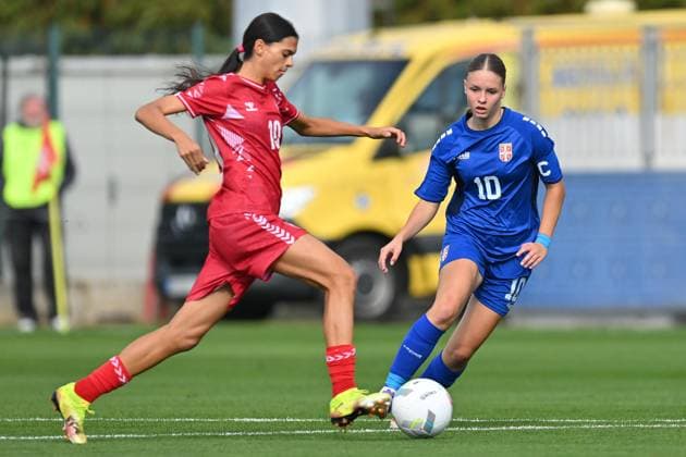 SERBIA U17, U 17 vs DENMARK U17 MILA BUSK MUTAHI BISCHOFF vs JANA PANIC football U17 national team, Nationalteam Srbia vs Denmark Evropean championship qualification match at sports center FSS, Stara Pazova 22.10.2025 Foto: FOOTBALL, SERBIA U17, DENMARK U17, European Championship, EM, Europameisterschaft QUALIFICATION Stara Pazova Sports center Stara Pazova Serbia Copyright: xMarkoxMetlas xMNxPressx