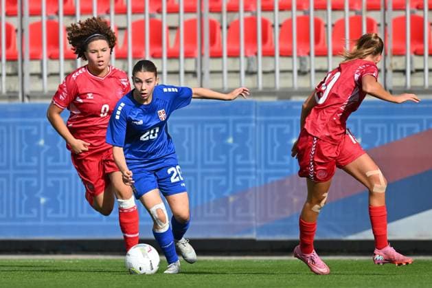 SERBIA U17, U 17 vs DENMARK U17 SOFIJA NICIC vs THEA PETERSEN football U17 national team, Nationalteam Srbia vs Denmark Evropean championship qualification match at sports center FSS, Stara Pazova 22.10.2025 Foto: FOOTBALL, SERBIA U17, DENMARK U17, European Championship, EM, Europameisterschaft QUALIFICATION Stara Pazova Sports center Stara Pazova Serbia Copyright: xMarkoxMetlas xMNxPressx