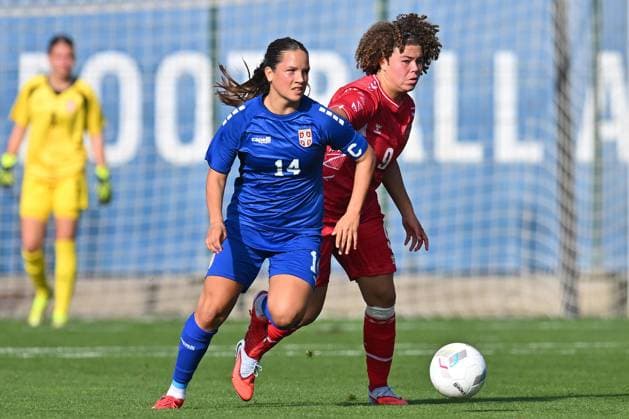 SERBIA U17, U 17 vs DENMARK U17 NATALIJA PETROVIC vs THEA PETERSEN football U17 national team, Nationalteam Srbia vs Denmark Evropean championship qualification match at sports center FSS, Stara Pazova 22.10.2025 Foto: FOOTBALL, SERBIA U17, DENMARK U17, European Championship, EM, Europameisterschaft QUALIFICATION Stara Pazova Sports center Stara Pazova Serbia Copyright: xMarkoxMetlas xMNxPressx