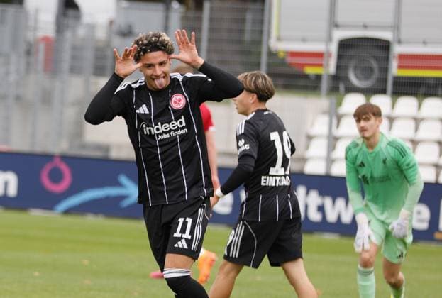 22 10 2025 xphx Dreieich UEFA Youth League 2025 2026 Eintracht Frankfurt FC Liverpool U19 Goal celebration after the 2-0 goal by Alessandro Gaul Souza Eintracht Frankfurt