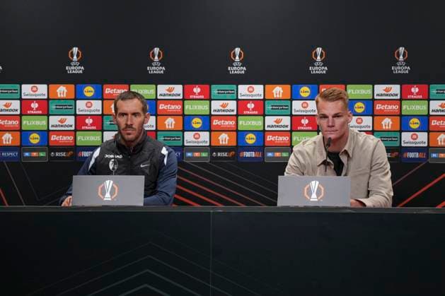 Julian Schuster SC Freiburg, Coach and Philipp Lienhart SC Freiburg, 03 , Press conference of SC Freiburg before the third Europa League match in the league phase, Press conference, Germany, Football, UEFA Europa League, Matchday 3, 2025 2026, SC Freiburg vs FC Utrecht, 22 10 2025, Press conference of SC Freiburg before the third Europa League match in the league phase, Press conference, Europa Park Stadion, Freiburg, Germany Freiburg Europa Park Stadion Baden Württemberg Germany Copyright: xArnexAmbergx