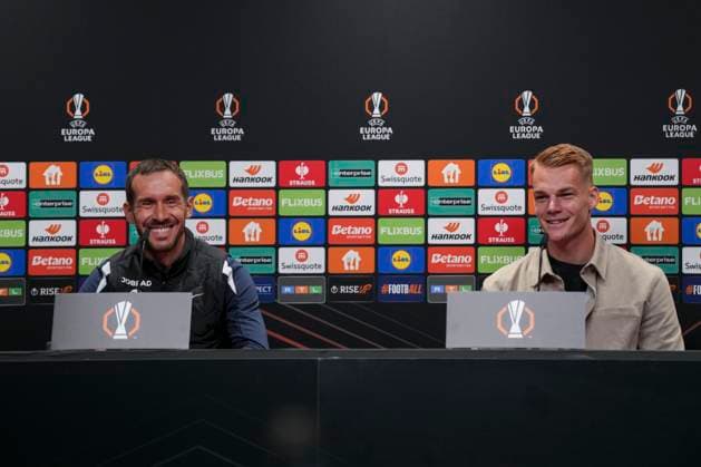 Julian Schuster SC Freiburg, Coach and Philipp Lienhart SC Freiburg, 03 , Press conference of SC Freiburg before the third Europa League match in the league phase, Press conference, Germany, Football, UEFA Europa League, Matchday 3, 2025 2026, SC Freiburg vs FC Utrecht, 22 10 2025, Press conference of SC Freiburg before the third Europa League match in the league phase, Press conference, Europa Park Stadion, Freiburg, Germany Freiburg Europa Park Stadion Baden Württemberg Germany Copyright: xArnexAmbergx