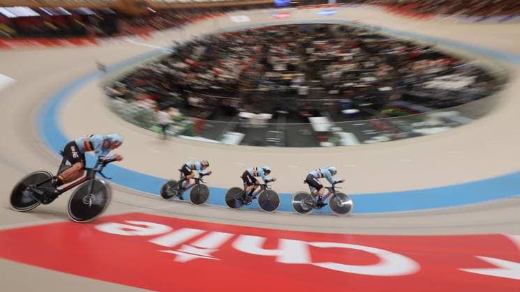 Belgian riders in action during the men s team pursuit qualifying round at the 2025 UCI Track World Championships, in Santiago, Chile, Wednesday 22 October 2025. The Track World Championships take place from 22 to 26 October at the Velodromo de Penalolen in Santiago, Chile. BENOITxDOPPAGNE  x137608722x