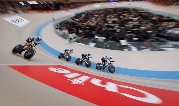 Belgians Lindsay De Vylder, Fabio Van Den Bossche, Jasper De Buyst and Noah Vandenbranden pictured in action during the men s team pursuit qualifying round at the 2025 UCI Track World Championships, in Santiago, Chile, Wednesday 22 October 2025. The Track World Championships take place from 22 to 26 October at the Velodromo de Penalolen in Santiago, Chile. BENOITxDOPPAGNE  x137611852x