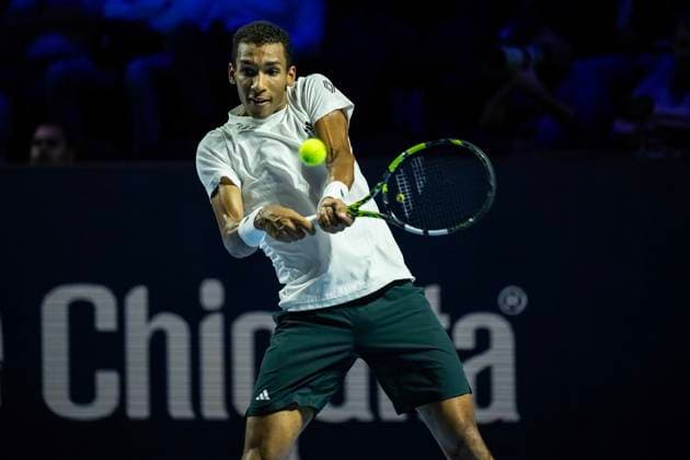 22nd October 2025; St. Jakobshalle, Basel, Switzerland; 2025 ATP, Tennis Herren Swiss Indoor Tennis Day 4; Felix Auger-Aliassime (CAN) in action during the match against Gabriel Diallo (CAN) in the first round  DavidxEmm