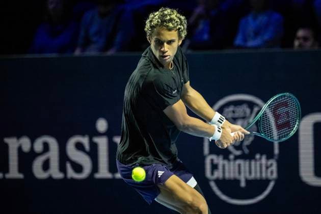 22nd October 2025; St. Jakobshalle, Basel, Switzerland; 2025 ATP, Tennis Herren Swiss Indoor Tennis Day 4; Gabriel Diallo (CAN) in action during the match against Felix Auger-Aliassime (CAN) in the first round  DavidxEmm