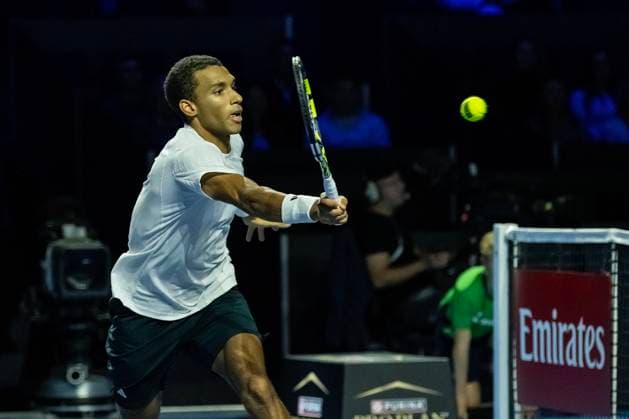 22nd October 2025; St. Jakobshalle, Basel, Switzerland; 2025 ATP, Tennis Herren Swiss Indoor Tennis Day 4; Felix Auger-Aliassime (CAN) in action during the match against Gabriel Diallo (CAN) in the first round  DavidxEmm