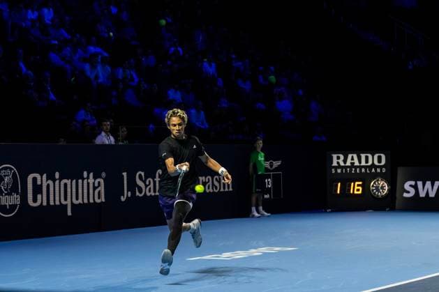 22nd October 2025; St. Jakobshalle, Basel, Switzerland; 2025 ATP, Tennis Herren Swiss Indoor Tennis Day 4; Gabriel Diallo (CAN) in action during the match against Felix Auger-Aliassime (CAN) in the first round  DavidxEmm