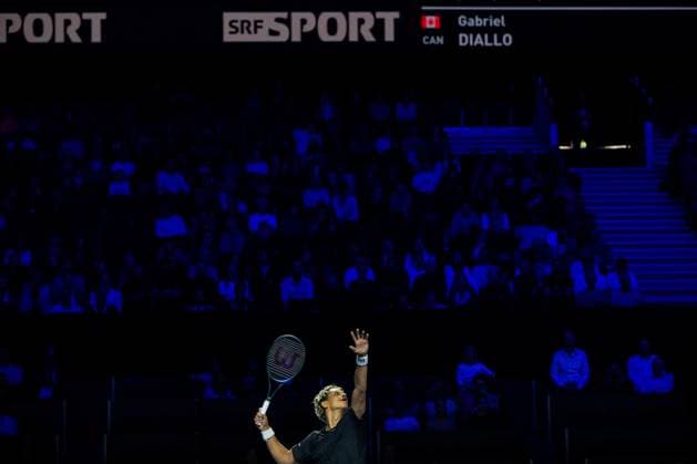 22nd October 2025; St. Jakobshalle, Basel, Switzerland; 2025 ATP, Tennis Herren Swiss Indoor Tennis Day 4; Gabriel Diallo (CAN) in action during the match against Felix Auger-Aliassime (CAN) in the first round  DavidxEmm